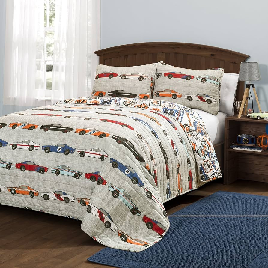Lush Decor Race Car Kids' 3-Piece Quilt Bed Set, Reversible Bedding Set for Boys, Blue & Orange, ... | Amazon (US)