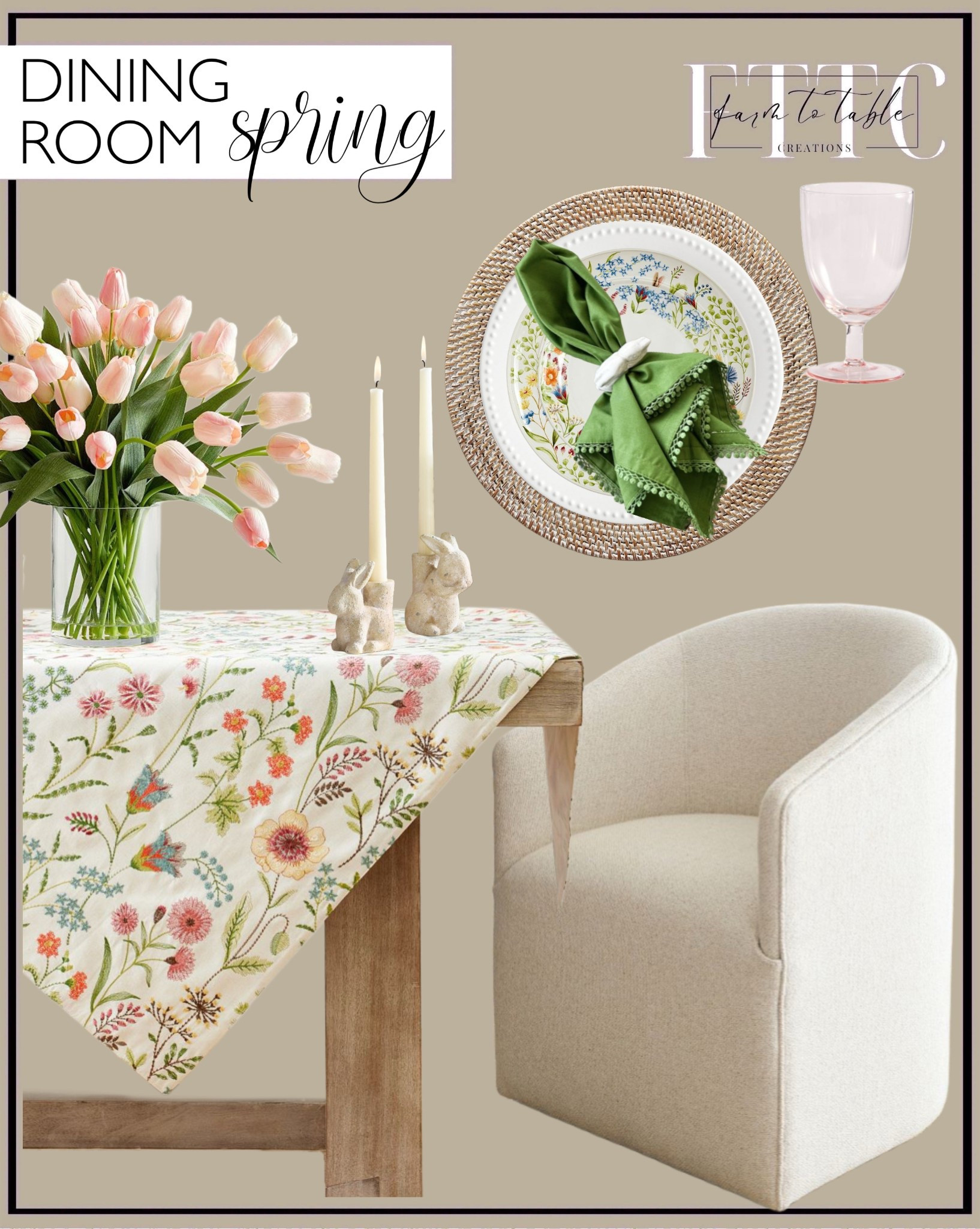 Curated Dining Room Finds. Follow @farmtotablecreations on Instagram for more inspiration.

Spring Garden Cotton Tablecloth. Faux Tulips. Bunny Taper Holder. Luminara Candles. Rattan Placemat. Footed Wine Glasses. Emma Beaded Stoneware Dinner Plates. Spring Garden Dinner Plates. Lace Trim Napkins. Marble Napkin Rings. Appetizer Plates. Upholstered Barrel Back Dining Chair. 

Kitchen finds | Bedroom Furniture | nightstands | Home Decor| Fireplace Decor | Spring Refresh |  Bedroom Finds | Neutral Stems | Spring Stems | Bookshelf Decor | Bedroom Space | Cozy  Corner | Bathroom | Curated Entryway | Spring  Decor | End of Year Clearance | Trending Decor | Viral Decor  | Coffee Table Decor | Neutral Decor | Fall Stem Sale | Target Finds | Skinny Bench | Bedroom | Living Room | Breakfast Nook | Amazon Home | Target Sale | Loloi Rugs | Magnolia Home | console table | console table styling | faux stems | entryway space | front porch decor | neutral decor | entryway decor | cozy home | affordable decor |  home decor | home inspiration | console styling | entryway rug | cozy moody home | moody home decor | neutral home | bathroom decor | living room | spring decor | Hearth & Hand | Studio McGee | 2025 Home Trends | trending home | Crate&Barrel 




#LTKHome #LTKFindsUnder50 #LTKSaleAlert
