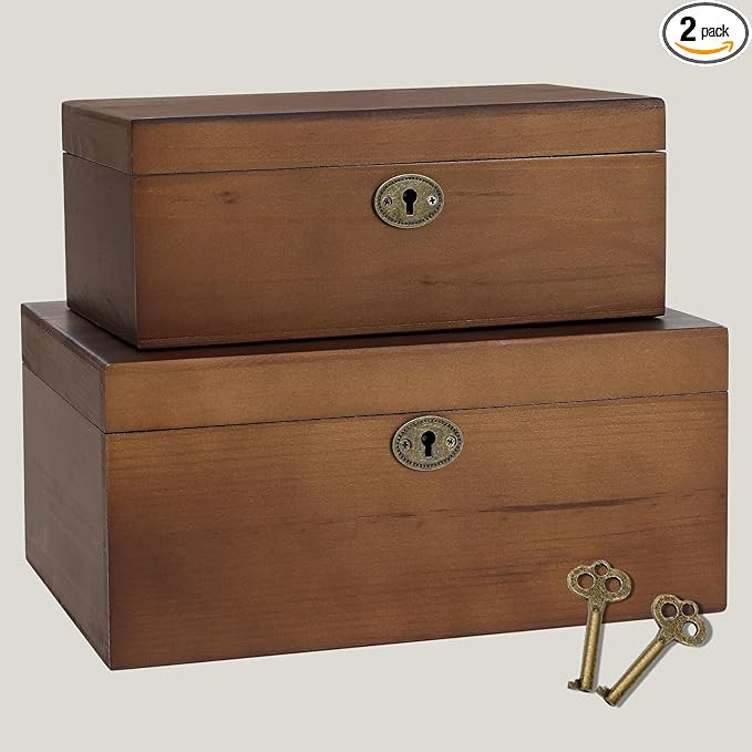 Wooden Keepsake Box with Hinged Lid, 2 Pack Vintage Lockable Storage Chest for Jewelry Letters & ... | Amazon (US)