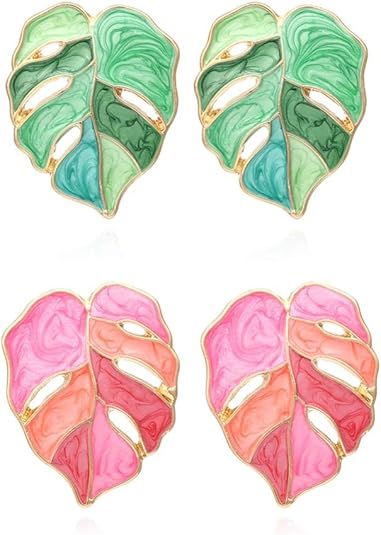 Winssi 2 Pairs Palm Leaf Earrings Monstera Earrings Dangle for Women Girls Tropical Jewelry Gift | Amazon (US)