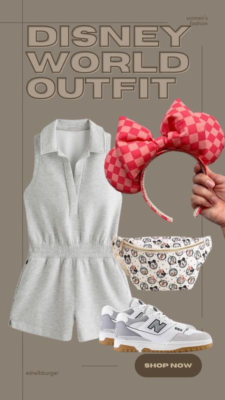 Disney fashion
Disney World outfit for women

• athletic cotton polo romper 
• hot pink checkered ears
• Mickey Mouse and pals Fanny pack
• trendy gray and white new balance sneakers

#LTKstyletip #LTKtravel #LTKshoecrush
