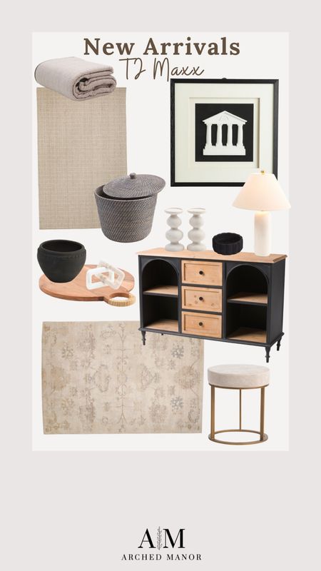 Great finds and great prices on these TJ Maxx home decor pieces! 
Neutral area rugs, wood and metal sideboard, black and white wall art, table lamp, gold stool. 

#LTKhome #LTKFind #LTKstyletip