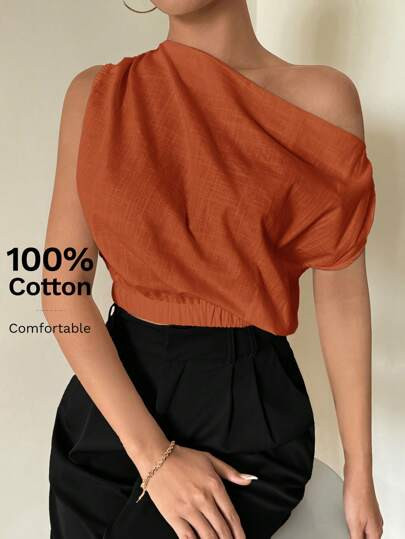 Firerie Women's Asymmetrical Open Shoulder Loose Bamboo Fiber Linen Blouse, Elegant For Vacation ... | SHEIN