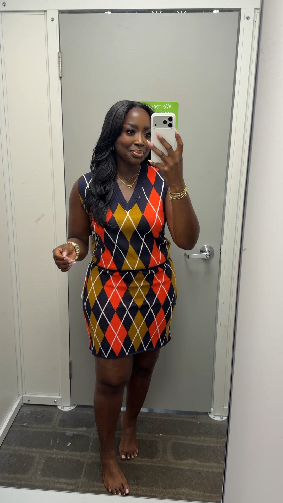 OK, this Argyle V-neck top and skirt from Walmart is really cute! Imagine this with a turtleneck and tights and boots for the fall. I’m wearing a size small and both too and bottom because they have great stretch.