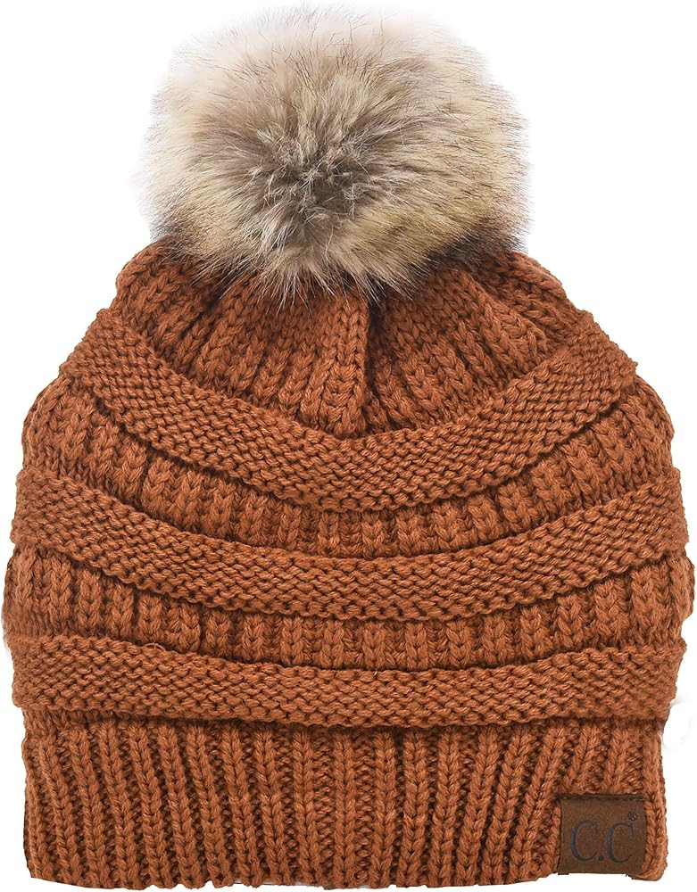 C.C Trendy Warm Soft Stretch Cable Knit Ribbed Faux Fur Pom Pom Fuzzy Sherpa Fleece Lined Skull C... | Amazon (US)