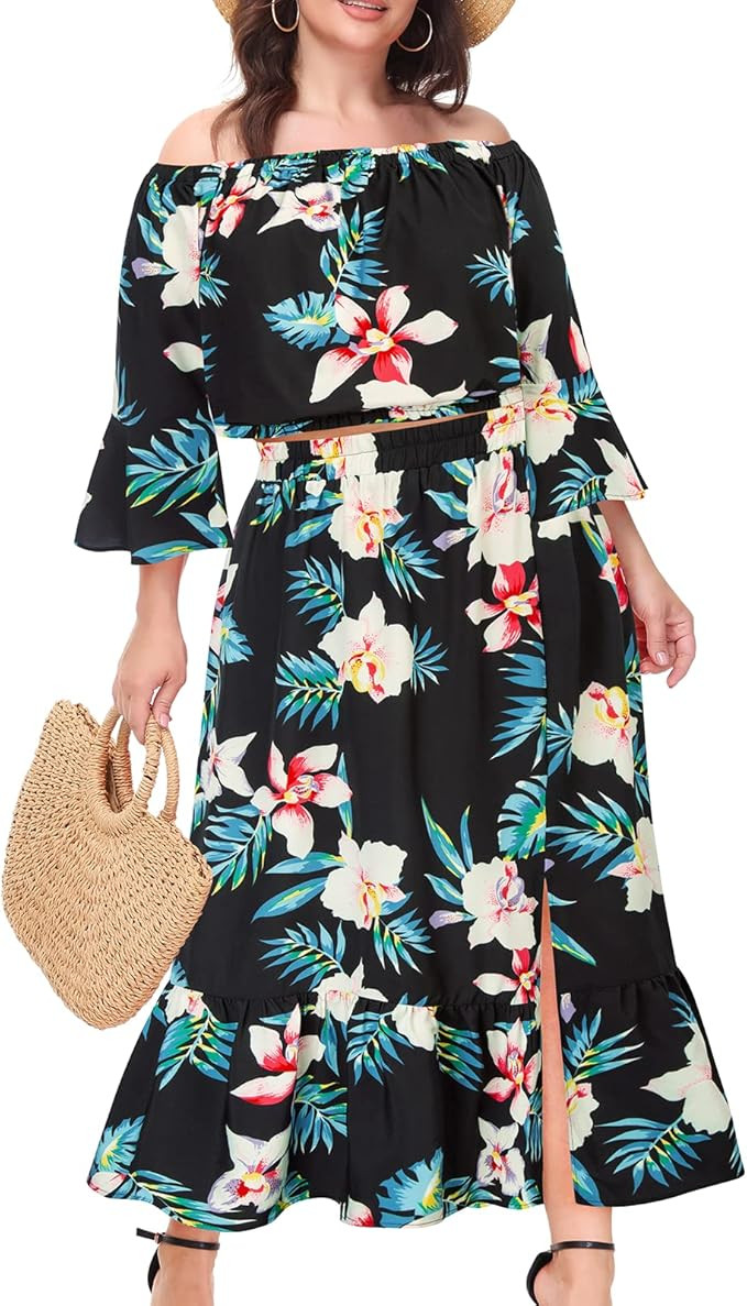 Hanna Nikole Women's 2 Piece Outfits Dress Plus Size Boho Floral Off Shoulder Crop Top and Maxi S... | Amazon (US)