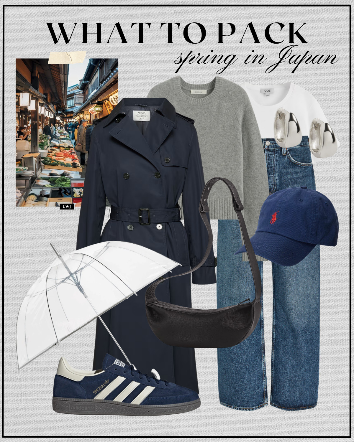 spring outfit inspo for japan

navy trench coat / gray sweater / agolde wide leg jeans/ clear umbrella / adidas handball spezial sneakers / minimal leather crossbody / baseball hat 

 

#LTKTravel