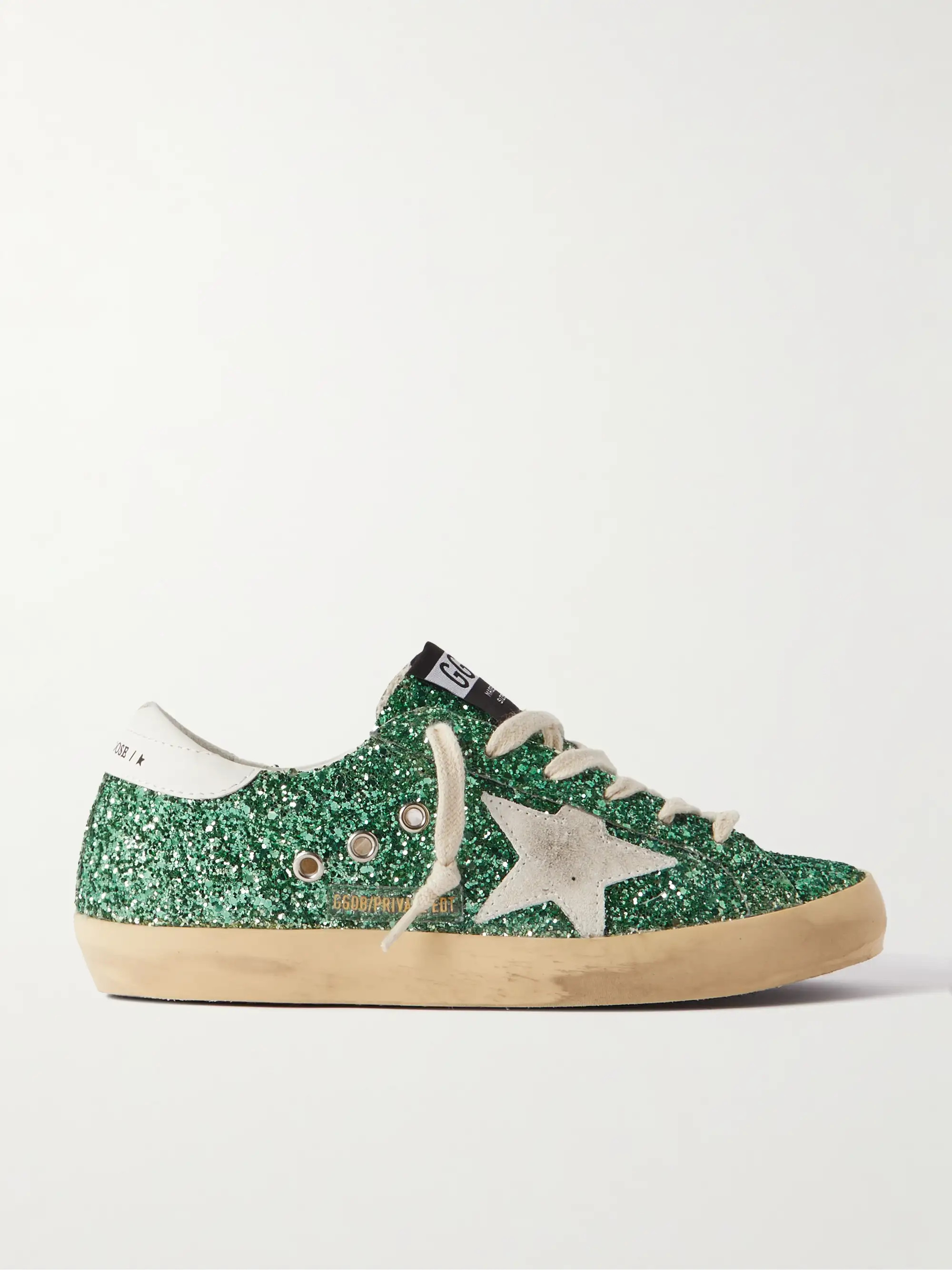 Superstar distressed suede-trimmed glittered leather sneakers | NET-A-PORTER (US)