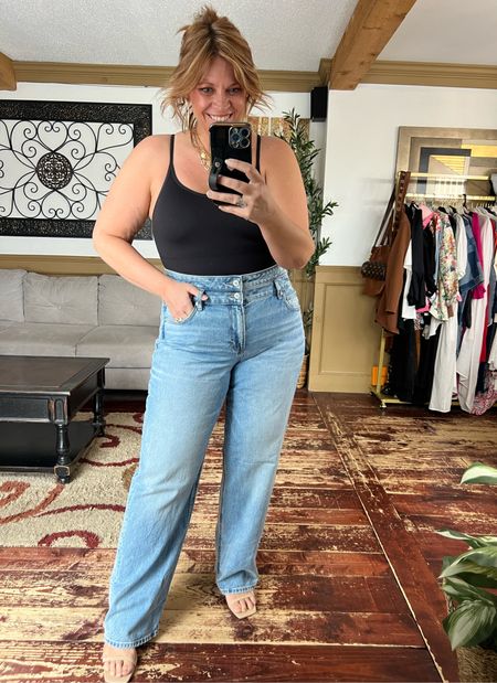 Wide leg baggy jeans, high rise double waist band jeans- wearing size 16 tall; shaping full covers bodysuit size large

#LTKfindsunder100 #LTKmidsize #LTKover40