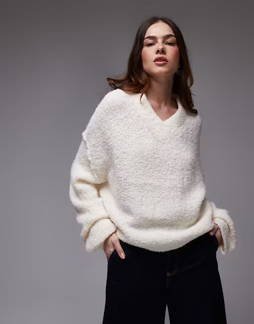 Topshop knitted high v-neck boucle jumper in cream | ASOS (Global)