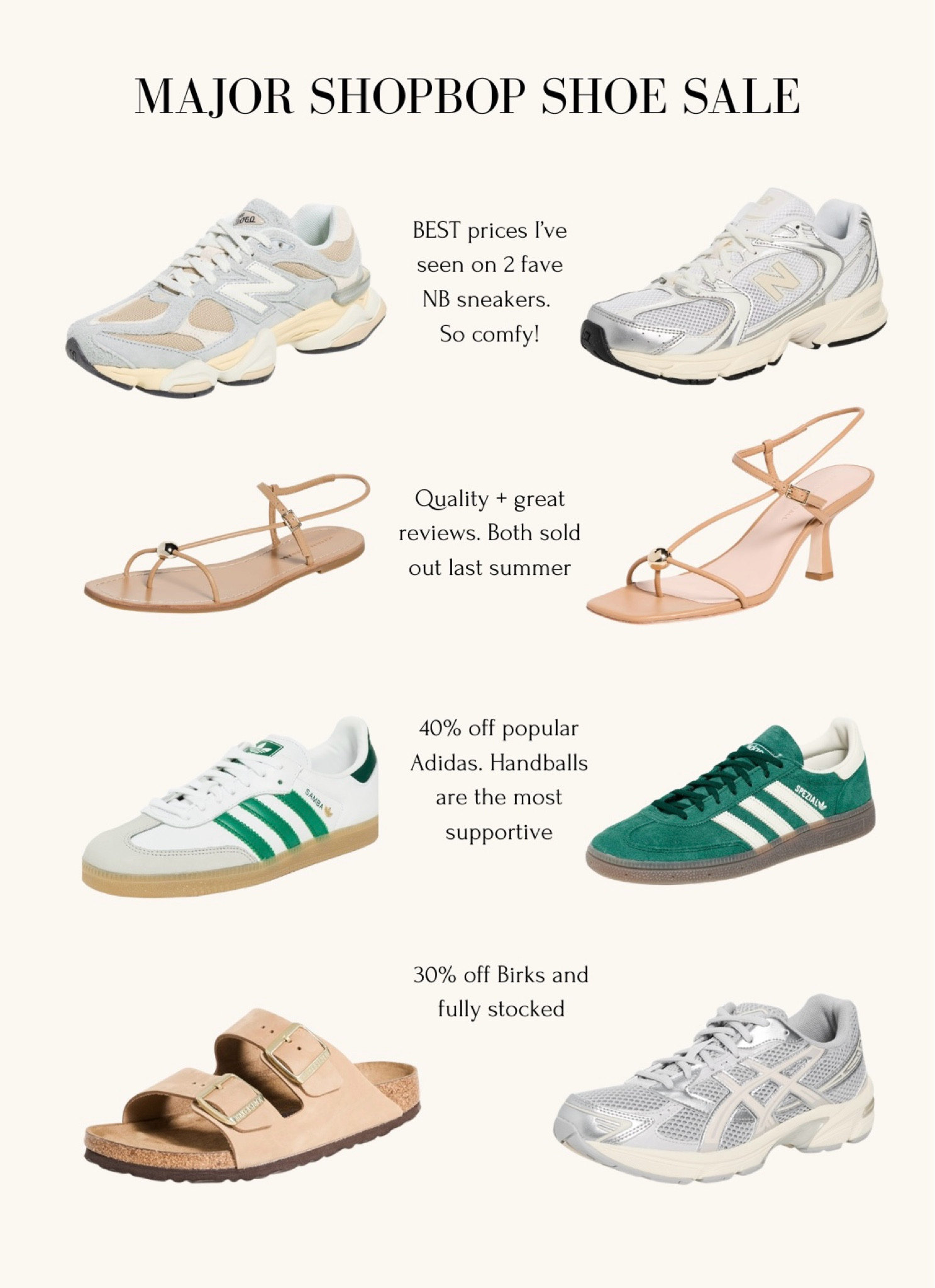 Major sale! Read below👇 The NBs + Adidas Handball are great travel sneakers for lots of walking.

Sizing: for New Balanace 530s and 9060s, I fit a womens size 5 and they run a little roomy.  The 9060 is def a chunkier style, but very well cushioned and comfy and the higher chunkier sole is good to keep some pants from dragging.

For Adidas Handballs they run big so a 5 is roomy on me but comfortbale, supportive, and has been great fkr travel. For Sambas I take TTS.

For Loeffler Randall I'm a 5.5 

 

#LTKSaleAlert #LTKTravel #LTKActive