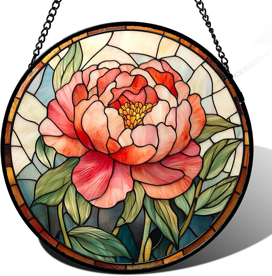 Stained Glass Window Hanging - Pink Peony Floral Suncatcher for Door Garden Yard Birth Flower Sun... | Amazon (US)