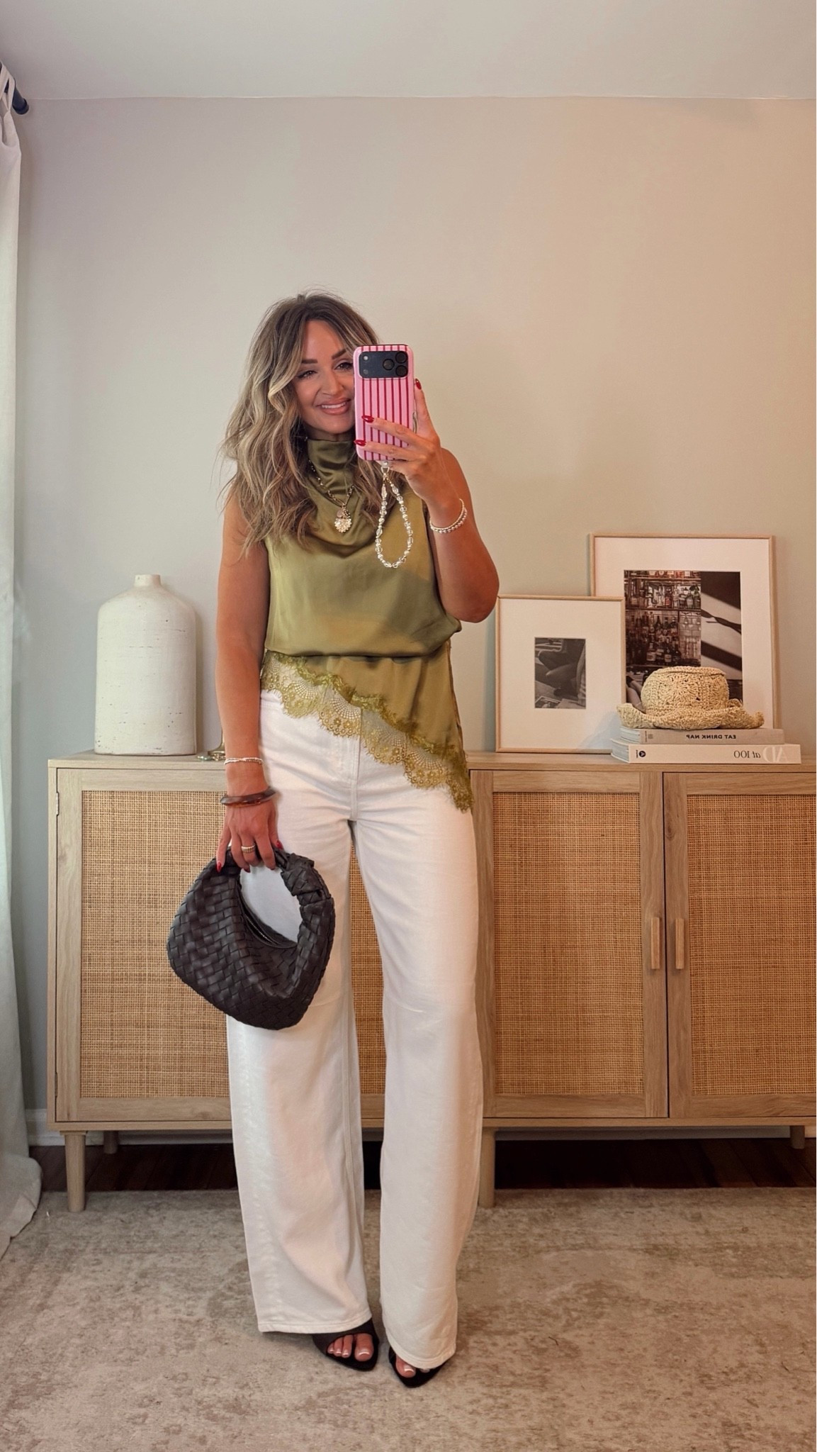 LOVE this lace top! the color is so pretty, it’s so chic and could be styled with so many different bottoms! i’m wearing a size S. size 25 in the denim. love the style of these, they’re a mix between a wide leg and barrel leg style jean. summer outfit, date night outfit @Commense  @Pistola Denim

#LTKootd