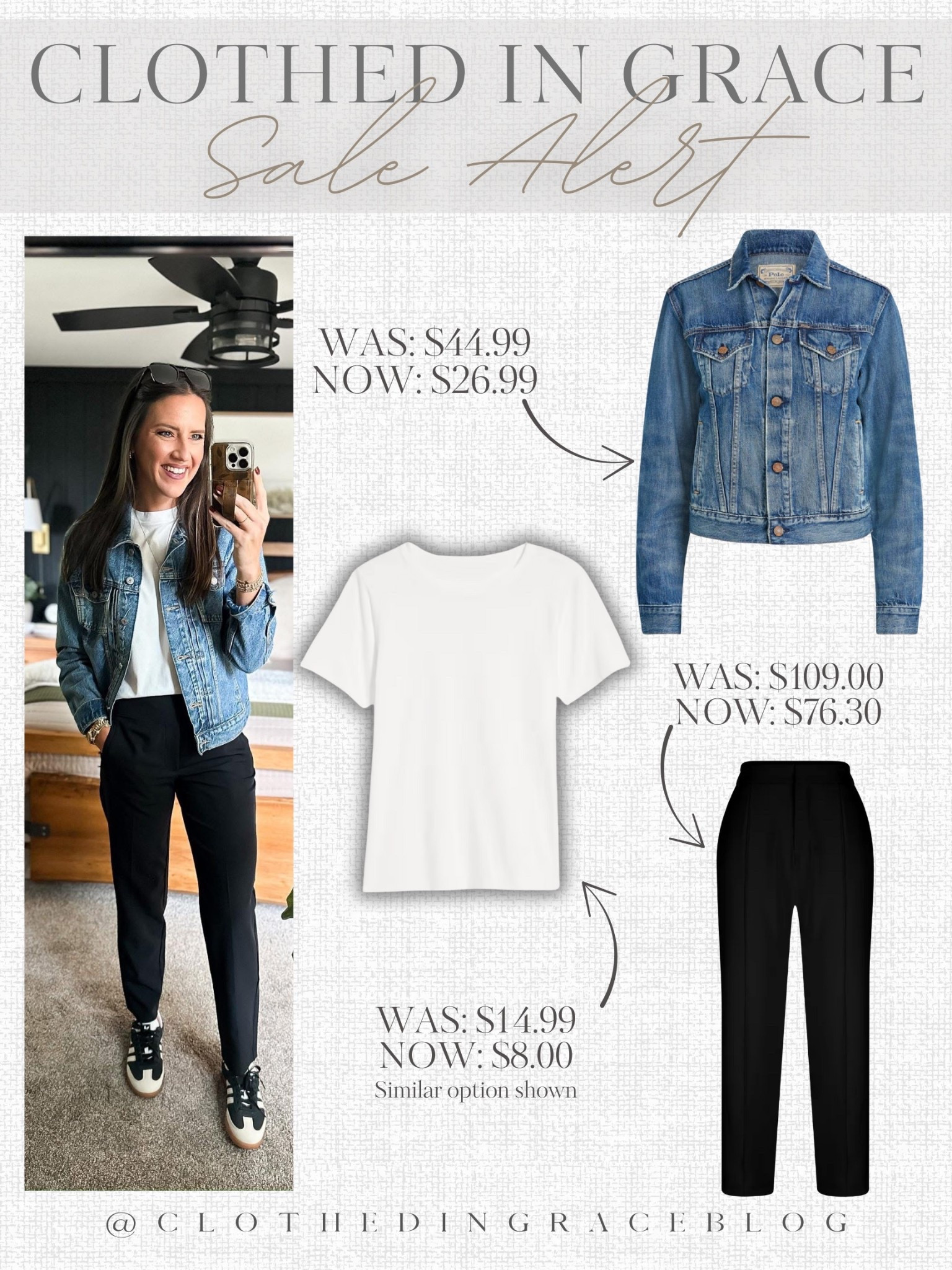 Outfit on sale 

Jacket - medium 
Similar tee to mine 
Pants - size 4 tall 