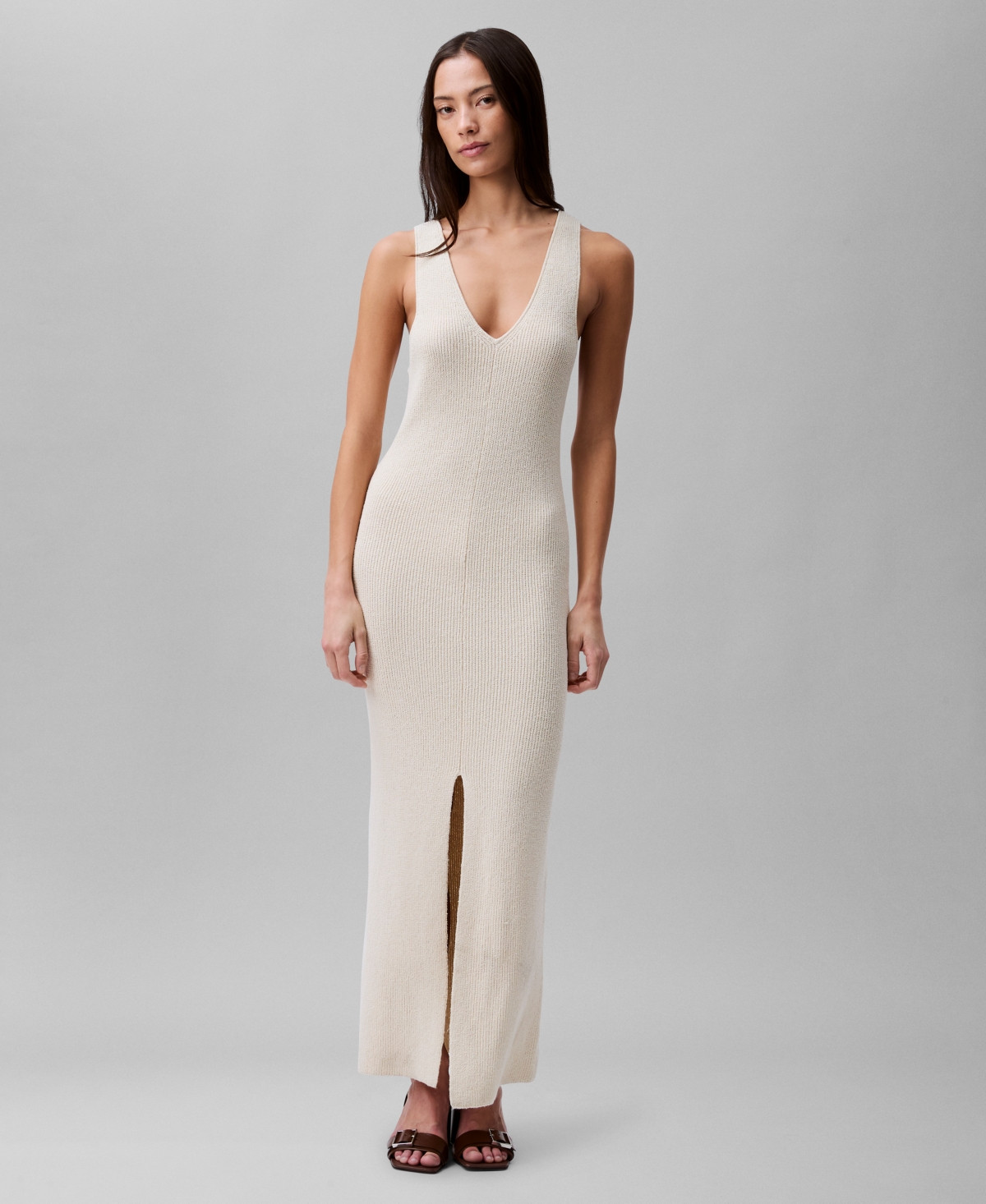Calvin Klein Women's Sleeveless V-Neck Rib Knit Maxi Dress - Summer Sand | Macy's