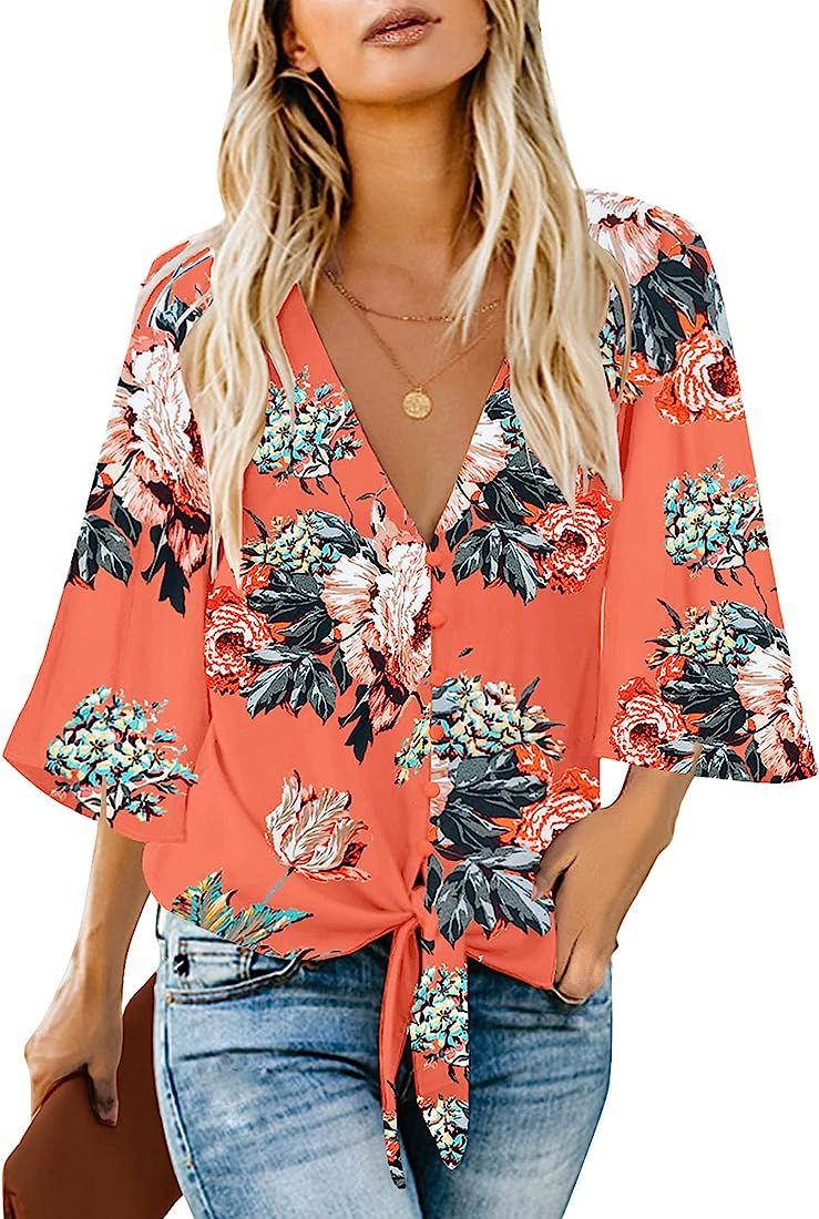 LookbookStore Women Summer Tops Salmon Floral Printed V Neck Button Down Shirts Casual Tie Knot 3... | Amazon (US)