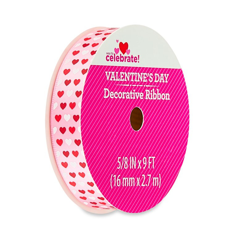 Valentine's Day Pink Satin Polyester Ribbon, 5/8" x 9', by Way To Celebrate | Walmart (US)