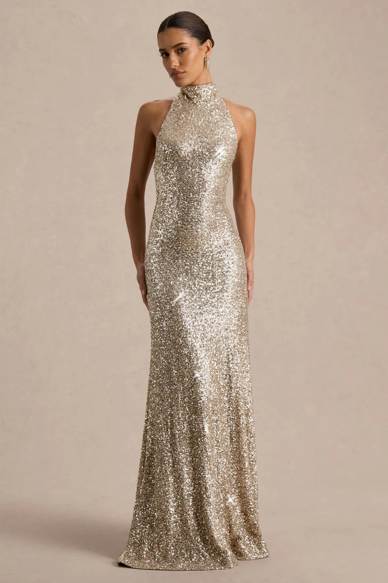 Tulia  Champagne Sequin High-Neck Maxi Dress | Club L London