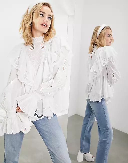 ASOS EDITION embroidered cotton blouse with ruffle in white | ASOS (Global)