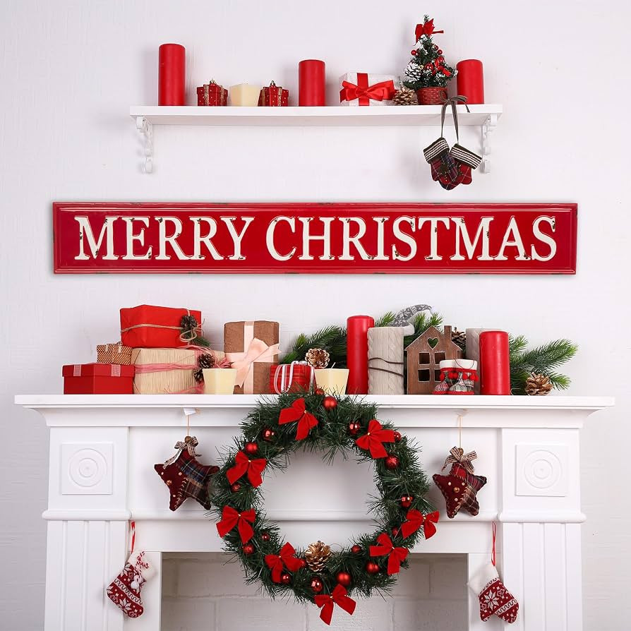 Glitzhome 4" Foot Long Enameled Metal Merry Christmas Wall Sign Farmhouse Christmas Wall Plaques ... | Amazon (US)