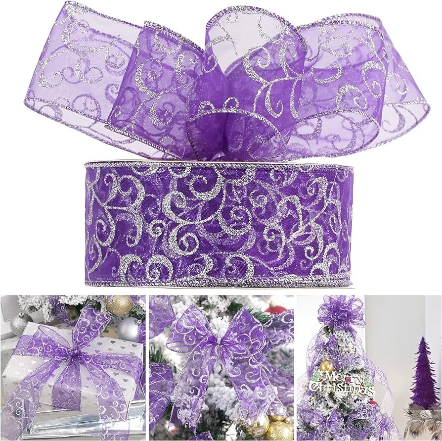 Amazon.com: AIMUDI Purple Christmas Ribbon Wired 2-1/2 Inch Silver Glitter Swirl Wired Ribbon for... | Amazon (US)