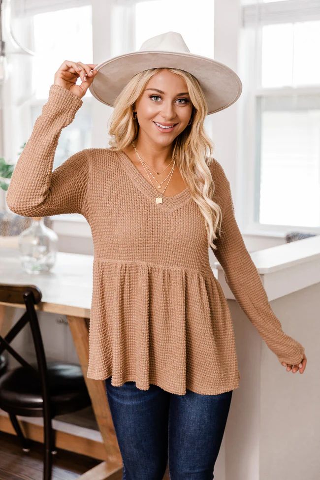 Chance To Shine Tan Peplum Waffle Knit Blouse | The Pink Lily Boutique