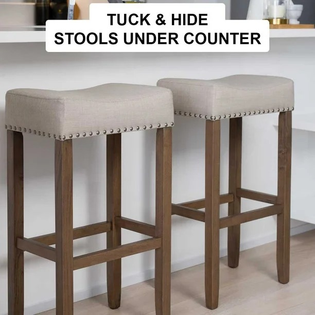 Nathan James Hylie Nailhead Wood Pub-Height Counter Bar Stool 29" Beige Fabric Cushion Light Brow... | Walmart (US)