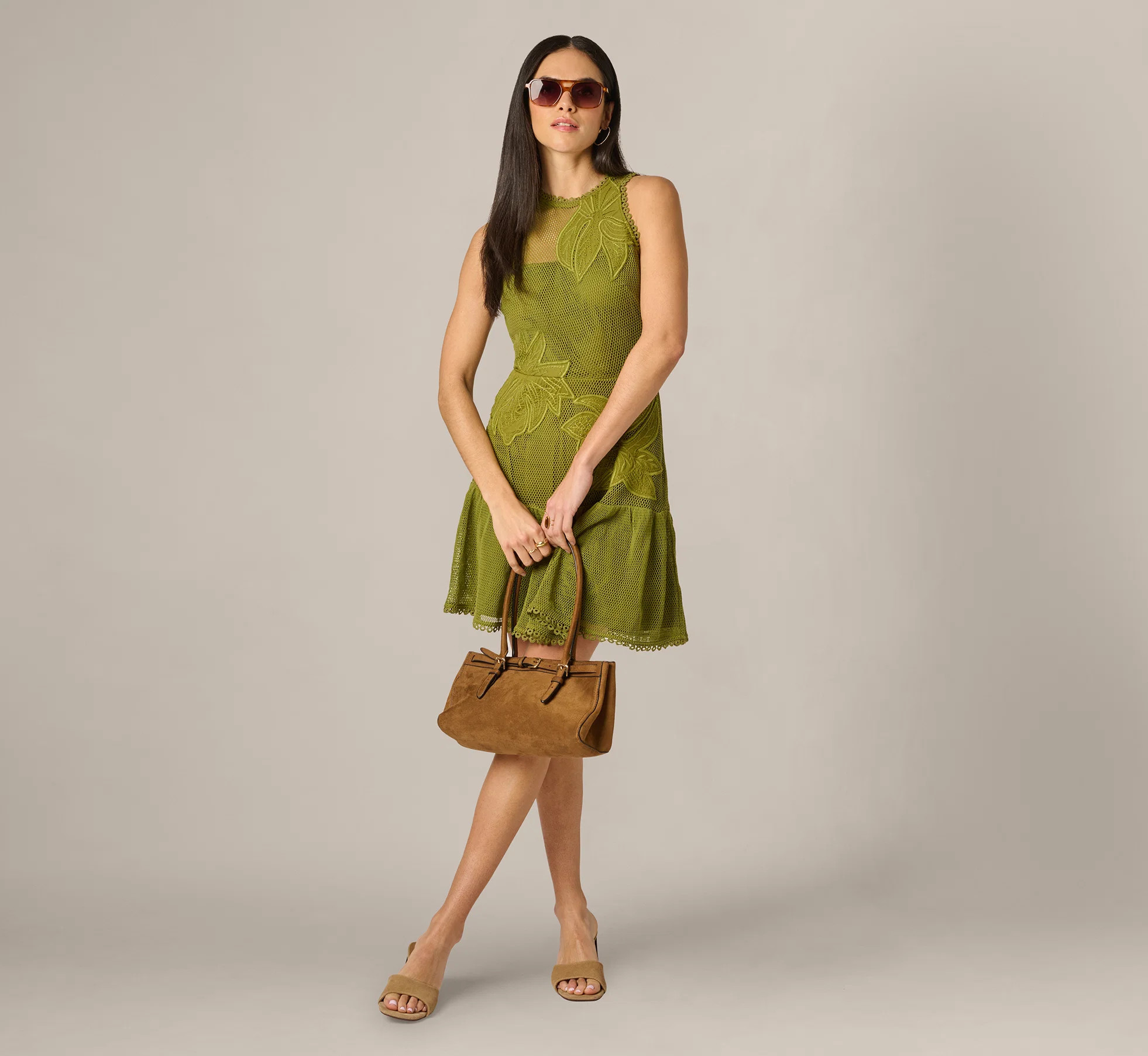 Cotton Mesh Floral Short Dress In Dark Moss | Adrianna Papell