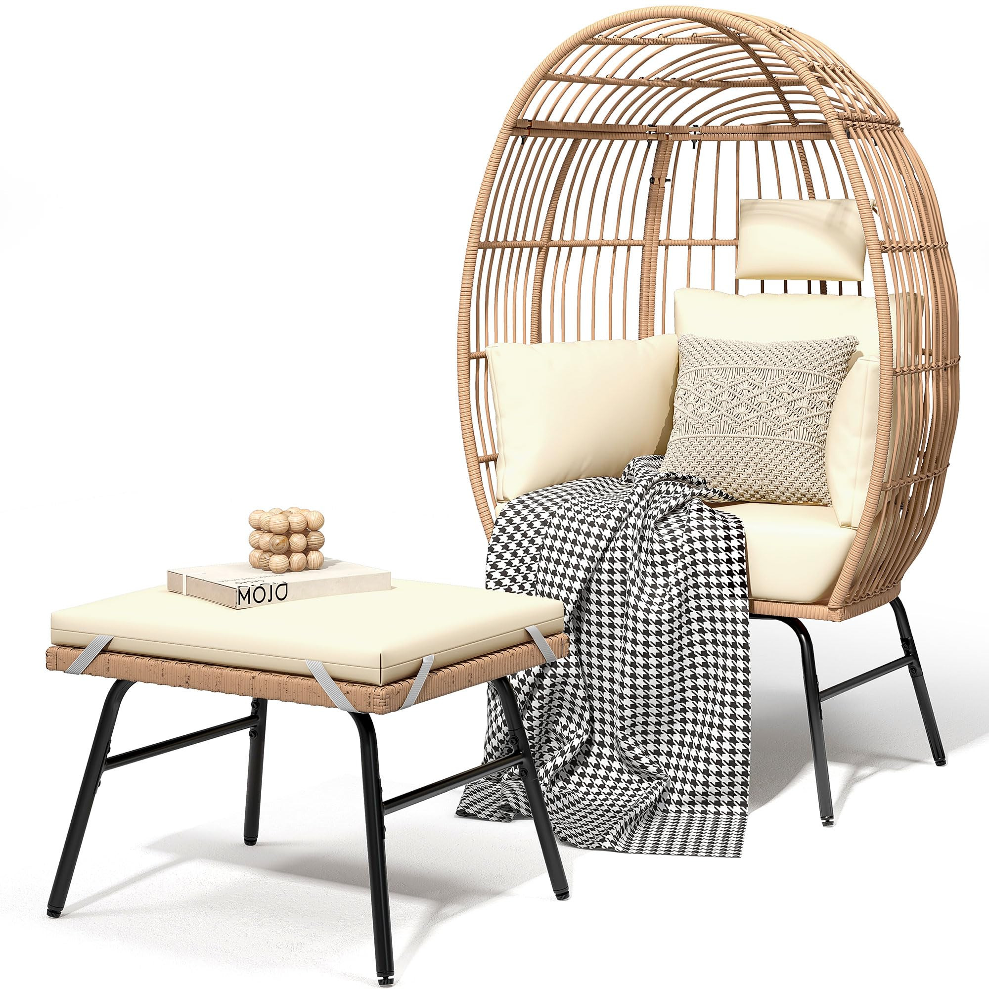 YITAHOME Accent Living Room Egg Chair w/ 2-in-1 Ottoman, Wicker Oversized Basket Chair with 5 Thi... | Amazon (US)