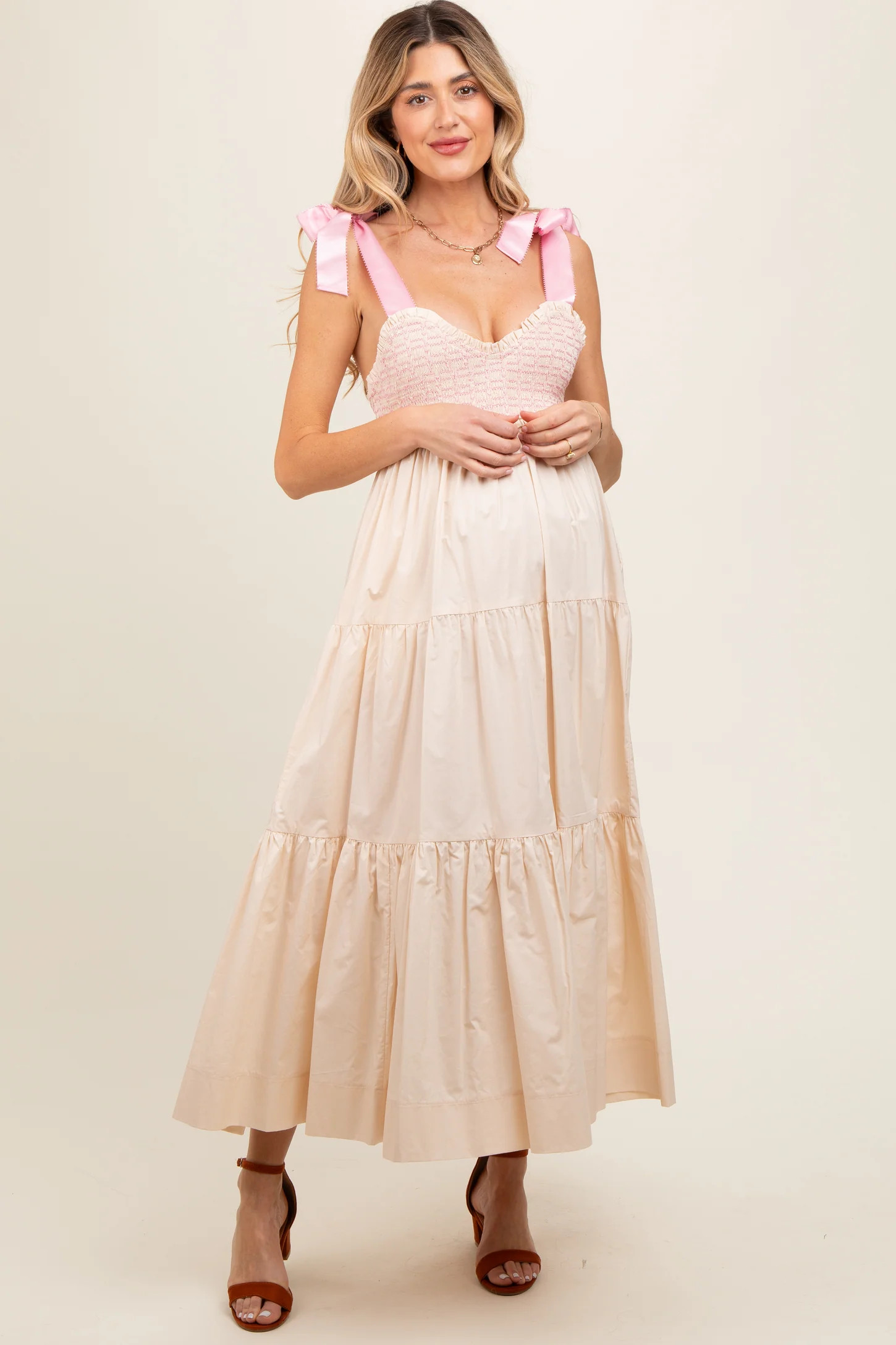 Cream Ribbon Strap Tiered Maternity Maxi Dress | PinkBlush Maternity