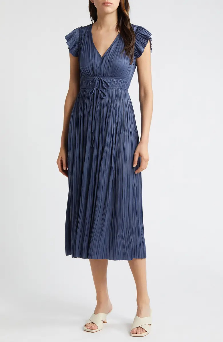 MOON RIVER Pleated Tie Waist Midi Dress | Nordstrom | Nordstrom