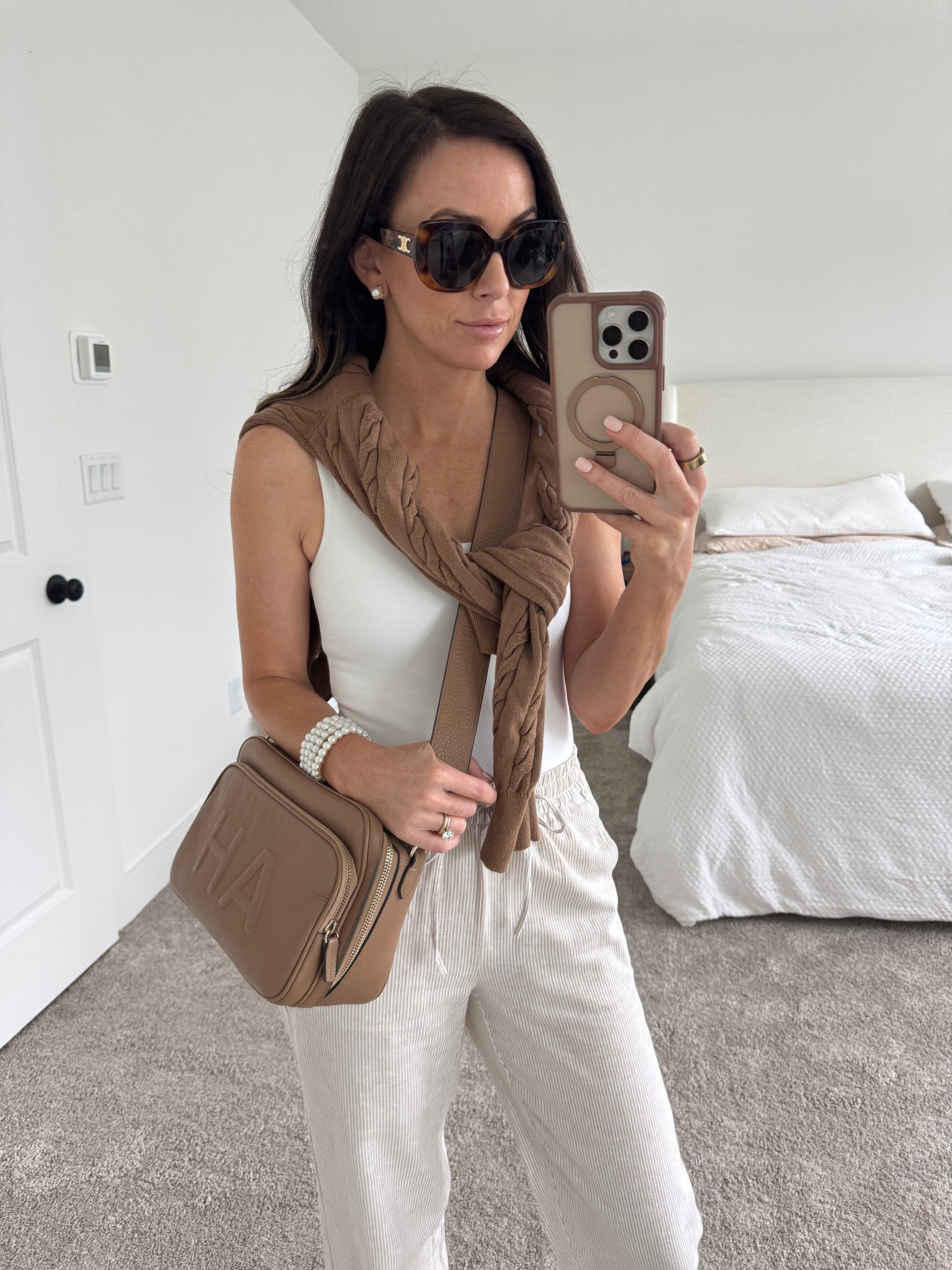 brown cable knit sweater, white body suit, linen trousers, linen pants 

#LTKPetite #LTKOver40