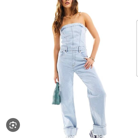 Abercrombie & Fitch strapless denim jumpsuit in light wash blue Large | Poshmark