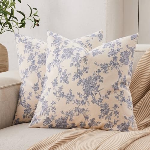 100% Cotton French Pastoral Throw Pillow Covers Set of 2, 18x18 Inch Blue Farmhouse Decorative Cu... | Amazon (US)