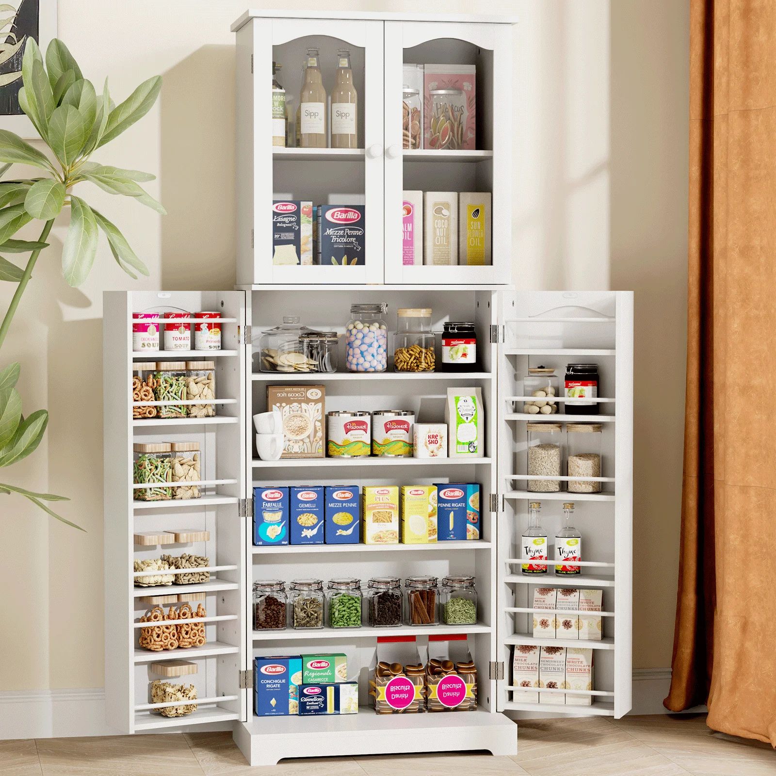 HOMEFORT 64" Kitchen Pantry Cabinet, Modern Tall Cabinet with MDF board and Adjustable Shelves, F... | Walmart (US)