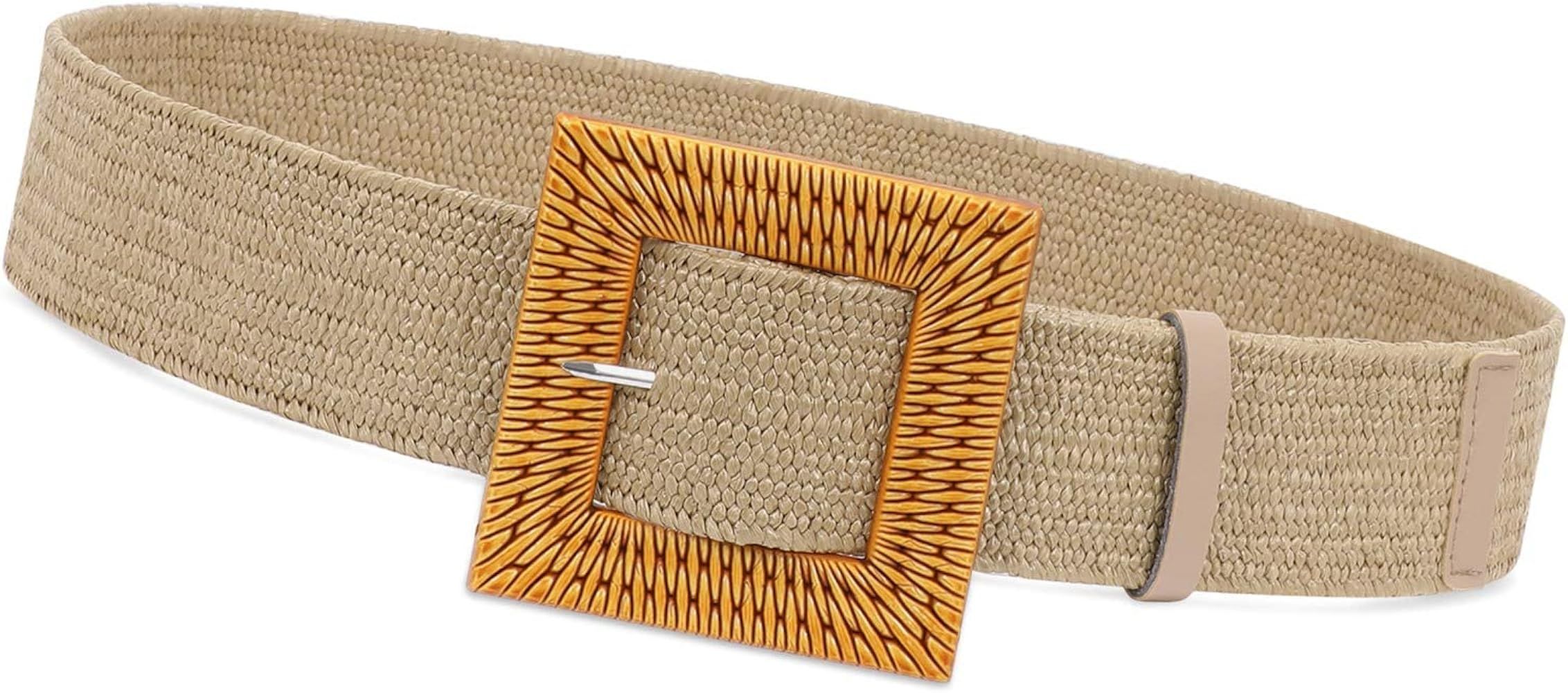 Fashion Wide Straw Woven Elastic Stretch Waist Band Belt Summer Bohemian Ladies Beach Dress Belts | Amazon (US)
