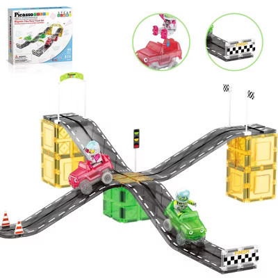 PICASSO-TILES Race Track Magnetic Tiles for Kids – 62PCS STEM Construction Building Blocks Toy Set with 2 Racing Cars and 2 Character Figures | Target