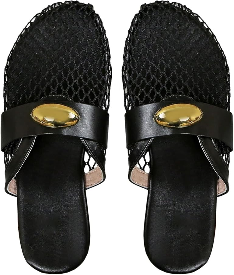 BEAUDRM Women's Fishnet Mesh Flat Sandals Metallic Woven Mules Closed Toe Slip On Slides Summer S... | Amazon (US)