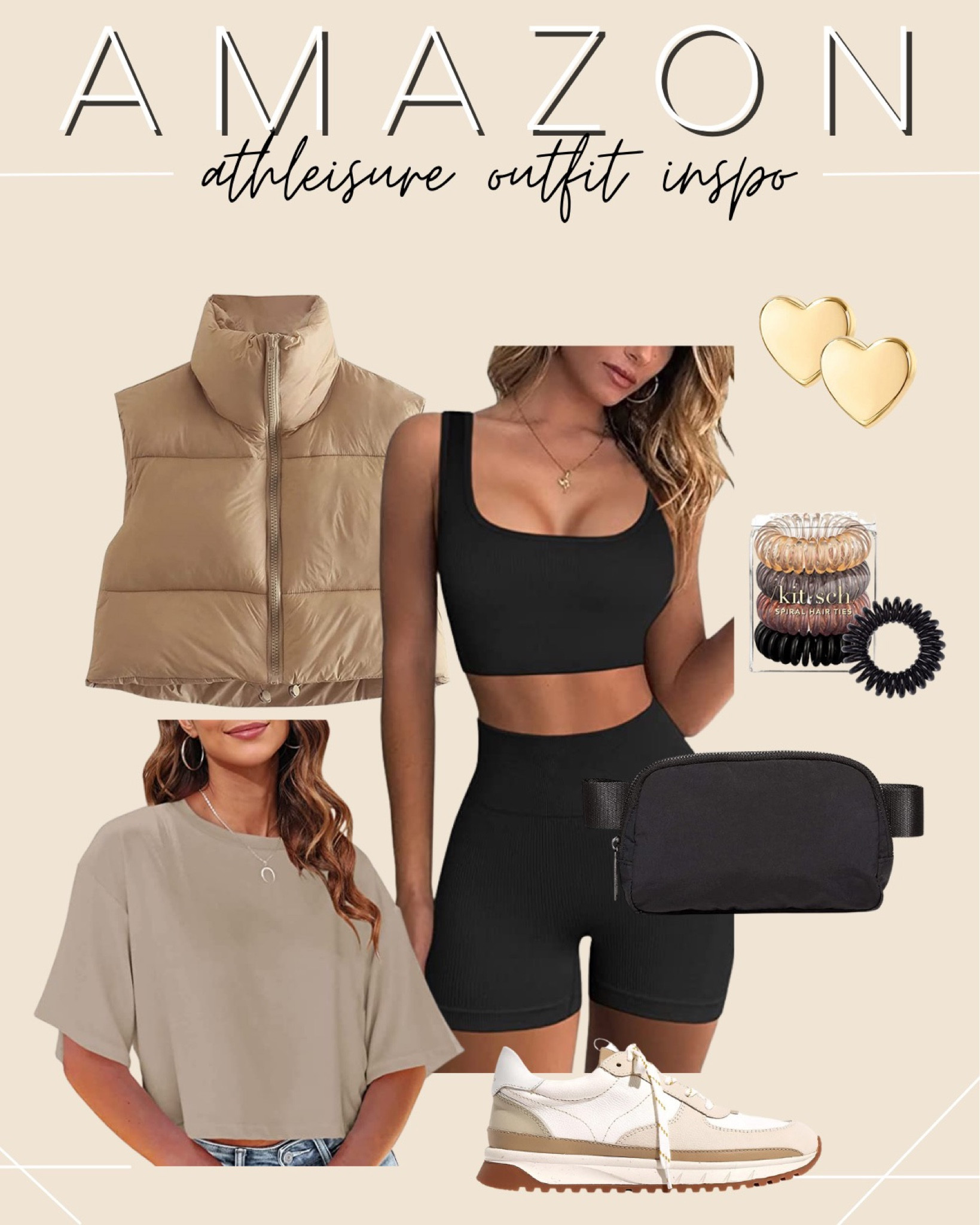 Amazon Athleisure Outfit -  Outfit Styling - Neutral Athleisure - Crop Puffer - Shoulder Bag - Neutral Tennis Shoes - Black Workout Set

#LTKstyletip #LTKfit #LTKSeasonal