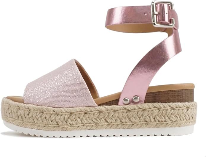 Soda Topic Open Toe Buckle Ankle Strap Espadrilles Flatform Wedge Casual Sandal | Amazon (US)