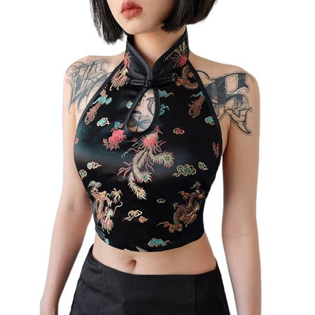Womens Chinese Style Halter Sleeveless Crop Top Dragon Embroidery Backless Vest | Walmart (US)
