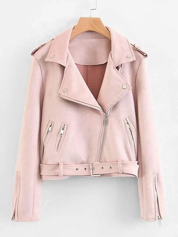 Zipper Detail Suede Jacket With Belt | SHEIN