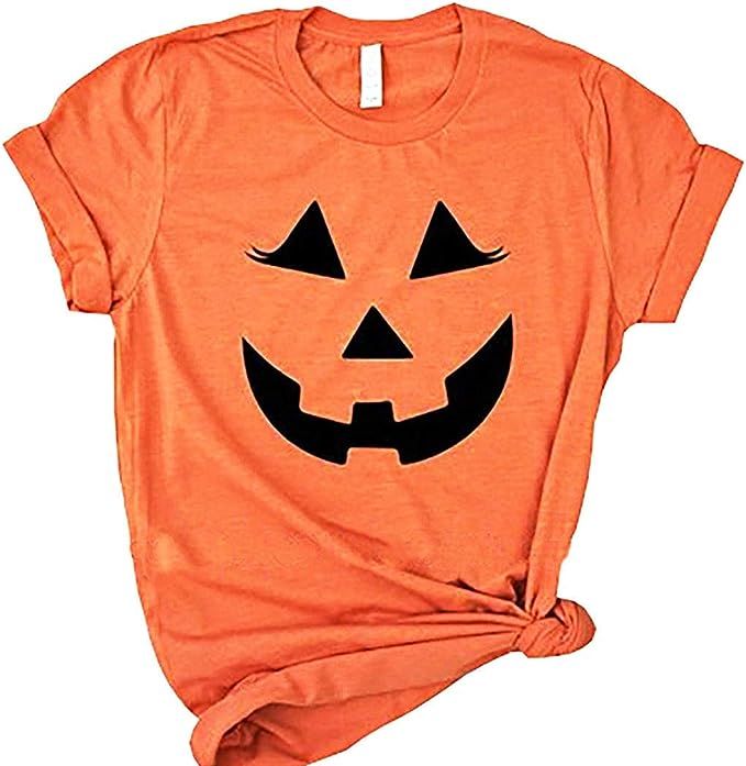 Halloween Pumpkin Face Graphic T-Shirt Womens Short Sleeve O-Neck Casual Tops Tees Shirt | Amazon (US)