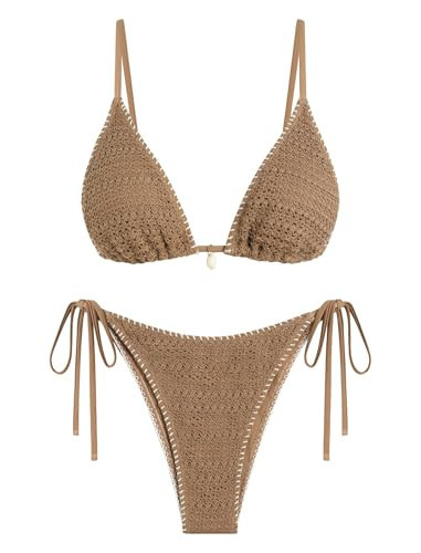 ZAFUL Women's Sexy Triangle Bikini Set Crochet Tie Side String Cheeky Swimsuit 2 Piece Bathing Suits Coffee | Amazon (US)