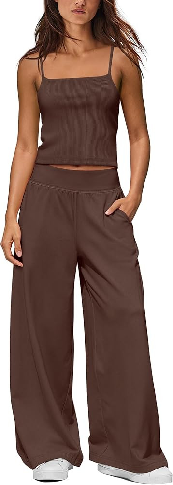 Yanekop Womens Summer Lounge Set 2 Piece Travel Outfits Two Piece Pants Set Spaghetti Strap Tank ... | Amazon (US)