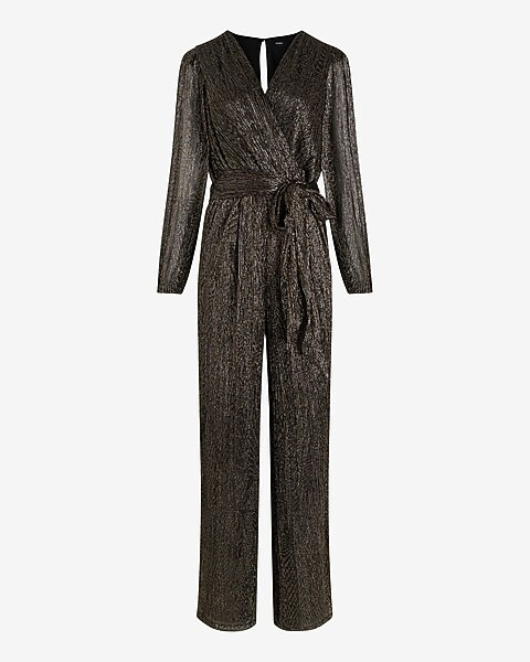 Metallic V-Neck Surplice Tie Waist Wide Leg Jumpsuit | Express