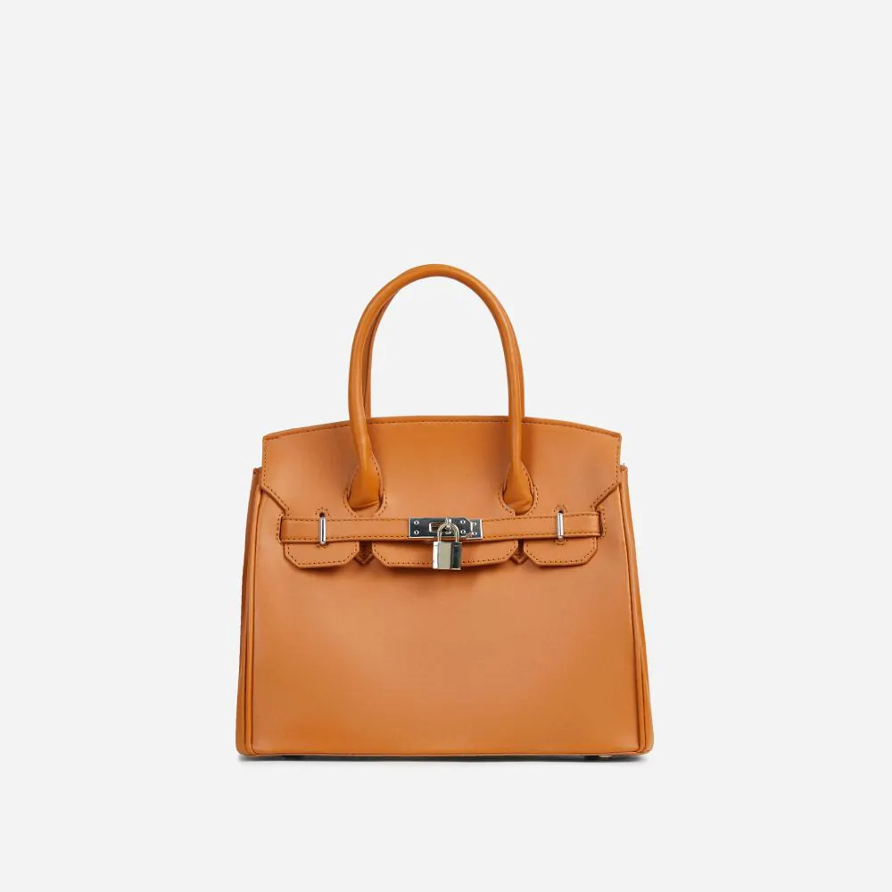 Oak Padlock Detail Top Handle Tote Shopper Bag In Tan Brown Croc Print Faux Leather | EGO (UK)