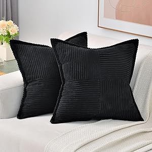 HAUSSY Black Throw Pillow Covers 18x18 Inch Set of 2,Soft Solid Corduroy Striped/Wide Bordered,Sq... | Amazon (US)