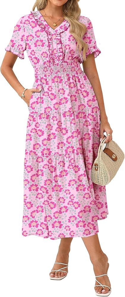 GRACE KARIN 2026 Women's Short Sleeve V-Neck Ruffle Maxi A Line Dresses with Pockets | Amazon (US)