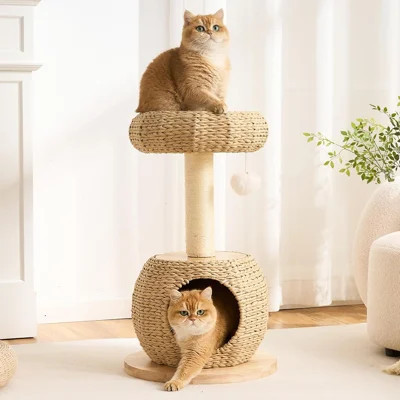Modern Solid Wood Cat Tree Tower for Indoor Cats Large Adult, 30 inch Corner Small Cat Tree with Handmade Rattan Cat Bed, Luxury Aesthetic Cat Tree wi | Wayfair North America
